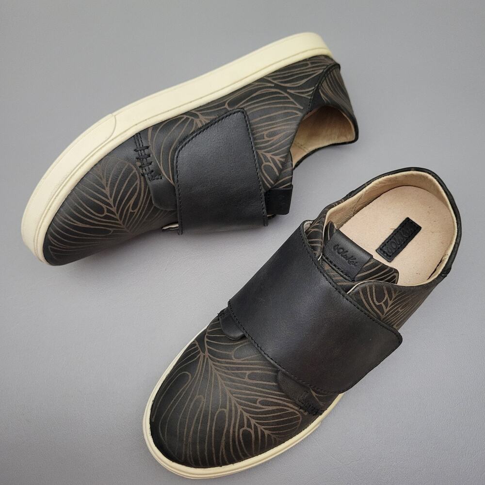OluKai Womens Slip On Leather Sneakers Pehuea Loupili Tapa Monstera Shoes Size 8